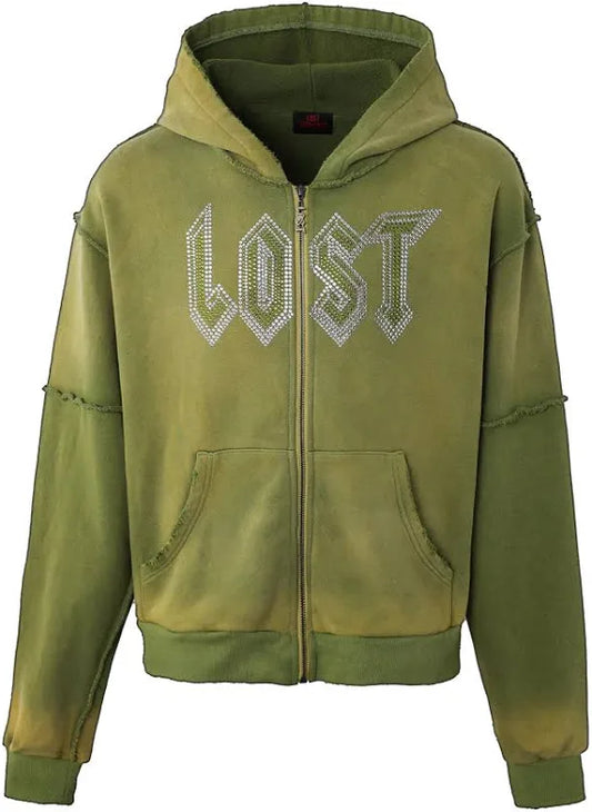 LOST INTRICACY "GREEN RHINESTONE" ZIP UP HOODIE