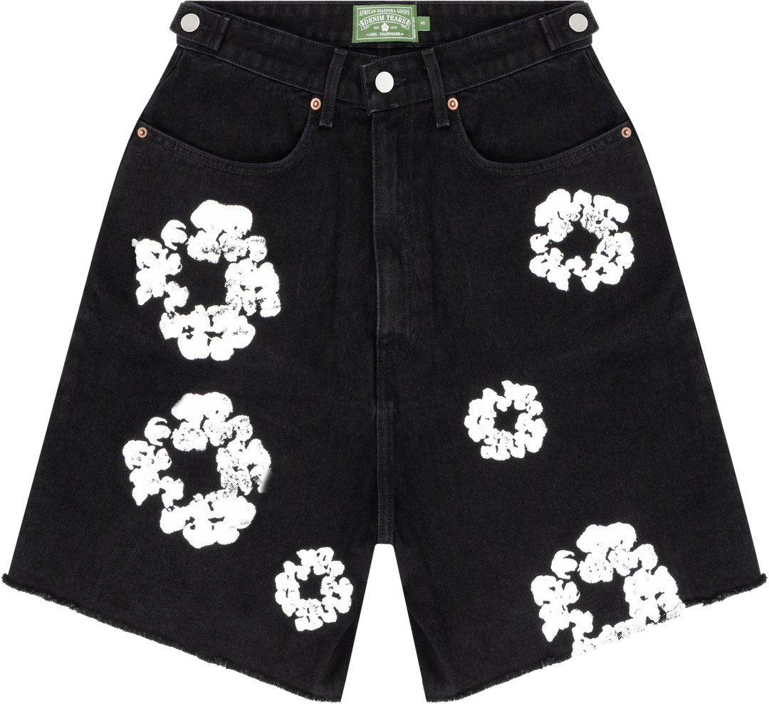 DENIM TEARS BLACK COTTON WREATH JEAN SHORTS